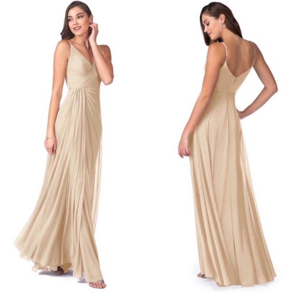 Azazie Evalin Champagne nude neutral mesh stretch maxi dress size 6
